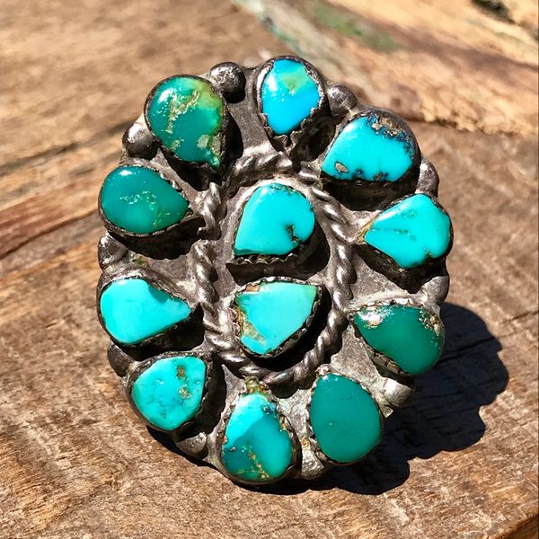 SOLD 1920s HUGE OVAL BLUE & GREEN CRUDE TURQUOISE ZUNI CLUSTER SILVER RING