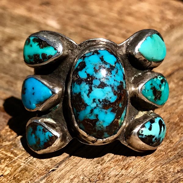 SOLD 1920s INGOT SILVER TURQUOISE BUTTERFLY SHAPED BISBEE TURQUOISE RING