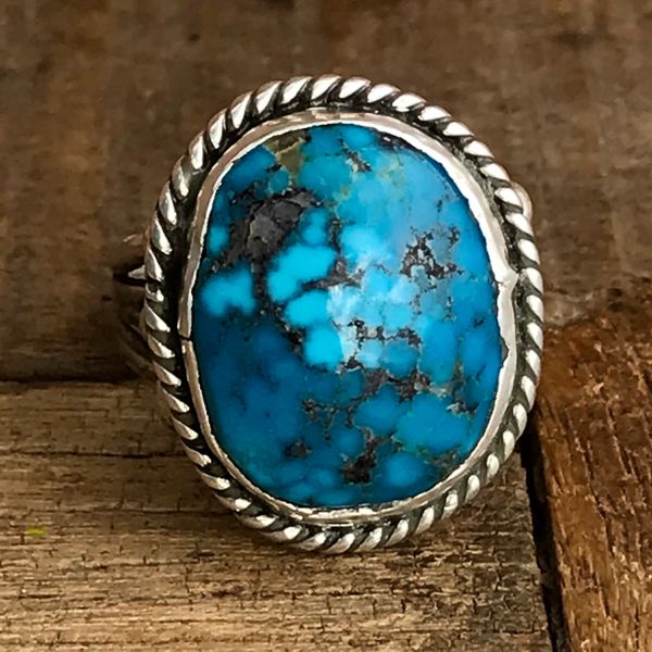 SOLD 1960s WATERWEB KINGMAN TURQUOISE ROUND DOMED STONE SILVER RING