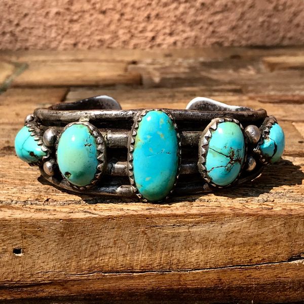 SOLD 1900s PERSIAN TURQUOISE SPLIT SHANK BACK PLATE-REPAIRED BIG MAN’S INGOT SILVER CUFF BRACELET WITH TERMINAL STONES