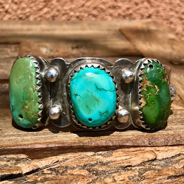 SOLD 1920s MACHINE DRILLED TURQUOISE TABS REPOUSSE’ PEYOTE BUTTON THICK INGOT SILVER CUFF