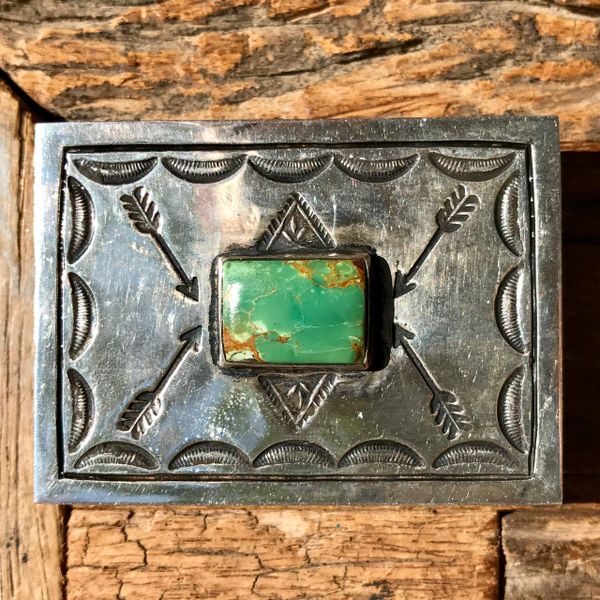 SOLD 1920s ARROW STAMPED GREEN CERILLOS TURQUOISE SILVER BELT BUCKLE