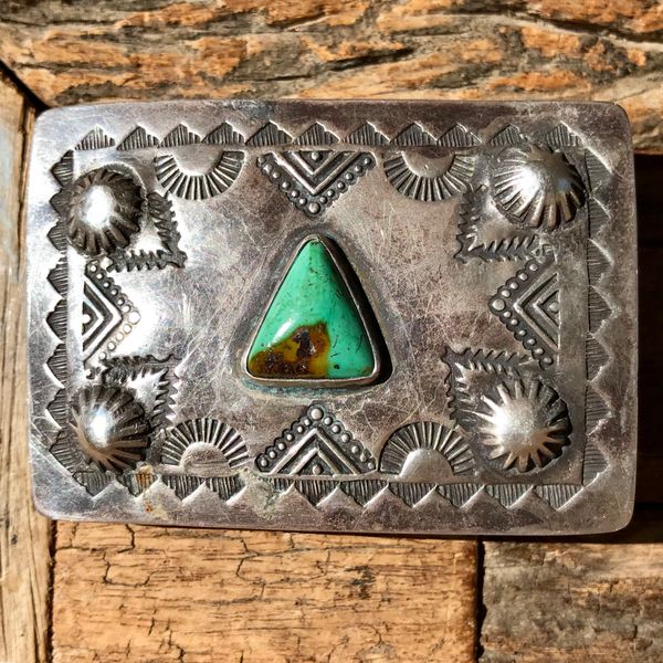 SOLD 1920s REPOUSSE’ PEYOTE BUTTON TRIANGLE SHAPED GREEN TURQUOISE SILVER BELT BUCKLE