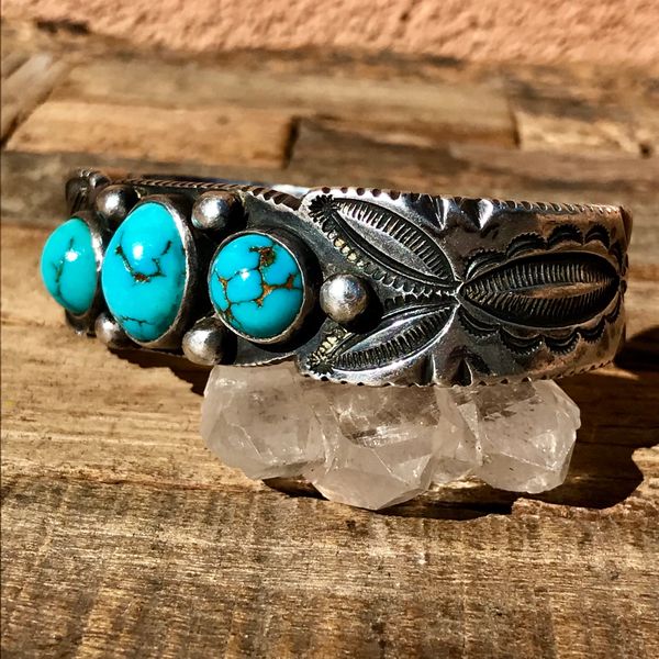 SOLD UNKNOWN AGE THICK INGOT SILVER SERRATED, CHISELED & STAMPED 3 DOMED BLUE TURQUOISE STONES CUFF BRACELET