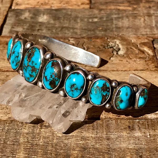 SOLD 1930s GEM QUALITY BISBEE BLUE TURQUOISE & HANDMADE STAMPS INGOT SILVER ROW CUFF BRACELET