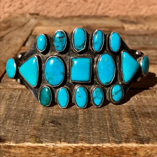 SOLD 1920s WROUGHT INGOT SILVER 17 VIVID BLUE TURQUOISE STONES CUFF BRACELET