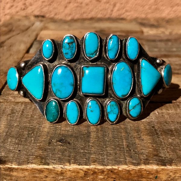 SOLD 1920s WROUGHT INGOT SILVER 17 VIVID BLUE TURQUOISE STONES CUFF BRACELET