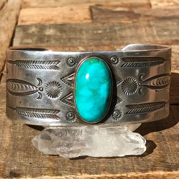 SOLD 1920s ARROW & FRED HARVEY LOGO THUNDERBIRD STAMPED DOMED VIVID BLUE GREEN DOMED TUQUOISE WIDE SILVER CUFF BRACELET