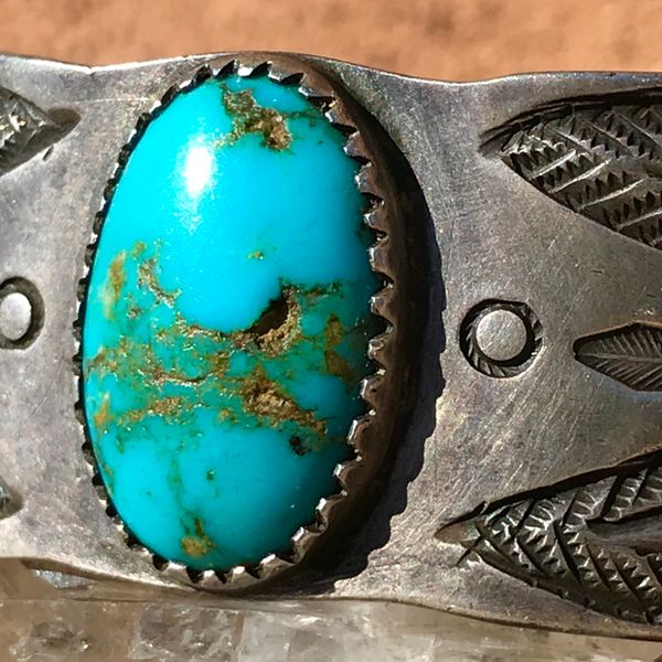 SOLD 1920s HANDCUT BEZEL VIVID BLUE TURQUOISE, CHISELED REPOUSSE ARROW STAMPED INGOT SILVER WIDE CUFF BRACELET