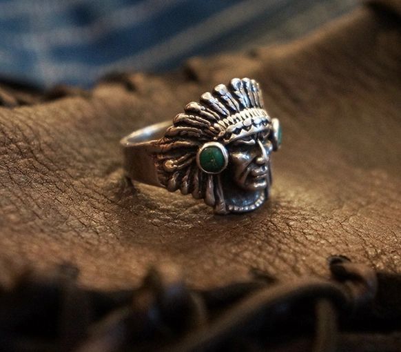 SOLD 1940s TURQUOISE INDIAN CHIEF HEAD MENS BIKER PINKY RING