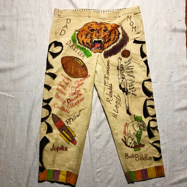 SOLD Archival Vintage 1960s Extra Rare ART HAND DRAWN JOCK VARSITY Corduroy Pants 42”