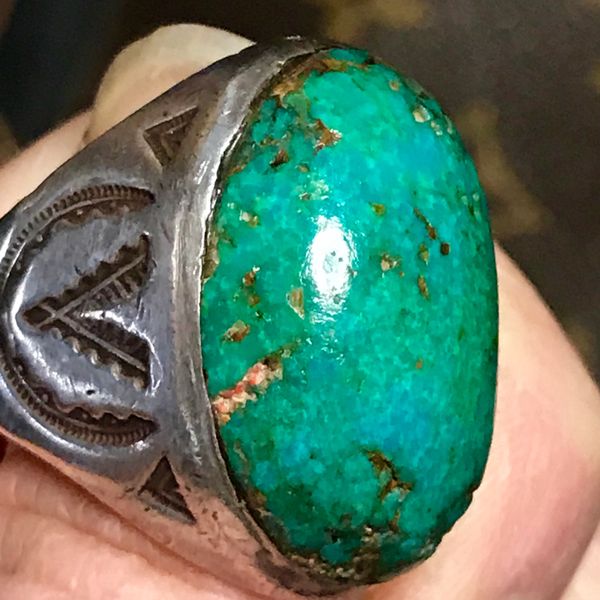 SOLD 1920s GIANT CARIBBEAN BLUE (despite photographing green) TRADING POST STAMPED RING WITH VIVID TALL BLUE OVAL STONE