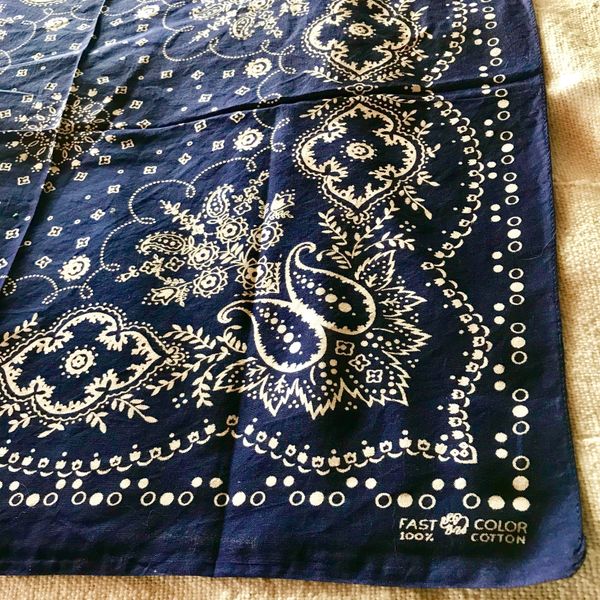 SOLD 1960s UNUSED VINTAGE INDIGO COLORFAST POLKA DOT FLORAL BANDANNA SCARF ELEPHANT TRUNK UP