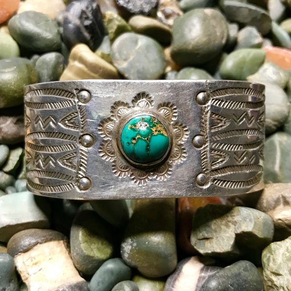 SOLD 1920s WIDE STAMPED SILVER & ROUND BLUE GREEN TURQUOISE FRED HARVEY ERA BIG CUFF BRACELET
