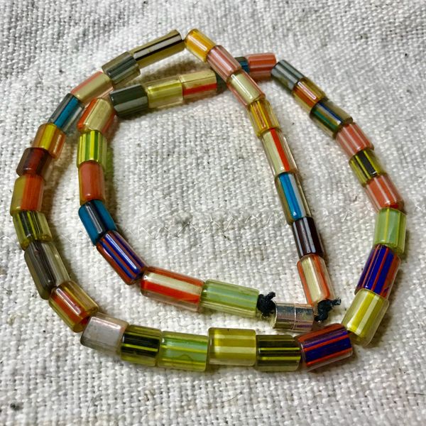 1920s SILK ROAD REGION GLASS STRIPED CANDY CANE TRADE BEADS 22” LONG