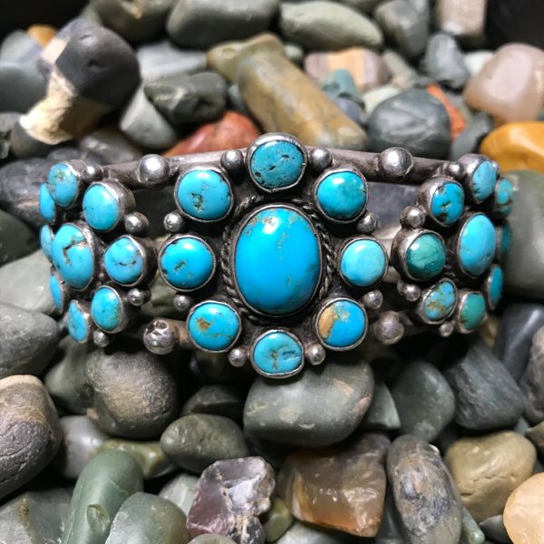 SOLD 1930s BLUE TURQUOISE WIDE ZUNI SILVER CLUSTER BRACELET