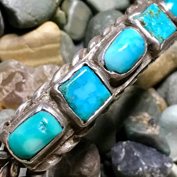 SOLD 1950s BLUE BEVELED & DOMED TURQUOISE ROW CUFF BRACELET WITH HAND PULLED WROUGHT TWISTED SILVER WIRE