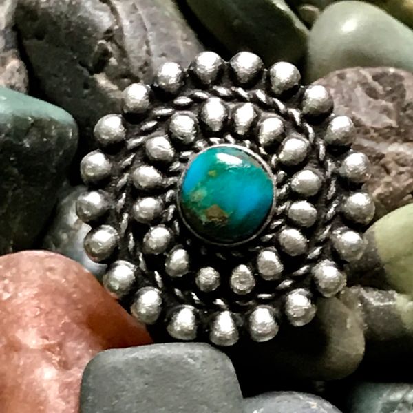 SOLD 1940s SUN PATTERN SILVER DISK & BLUE GREEN TURQUOISE FRED HARVEY ERA RING
