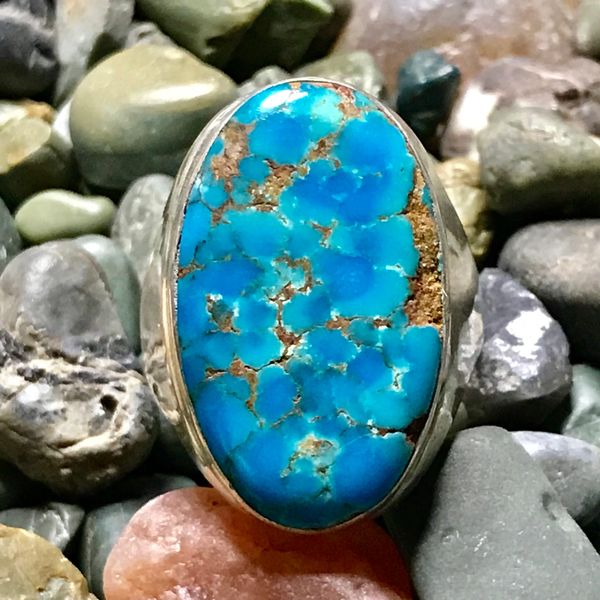 SOLD 1950s HUMONGOUS NEON BLUE WATER WEB TURQUOISE MENS SILVER RING