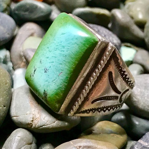 SOLD 1940s GIANT BLUE & GREEN RECTANGLE TALL TURQUOISE STONE ON SILVER CIGAR BAND RING