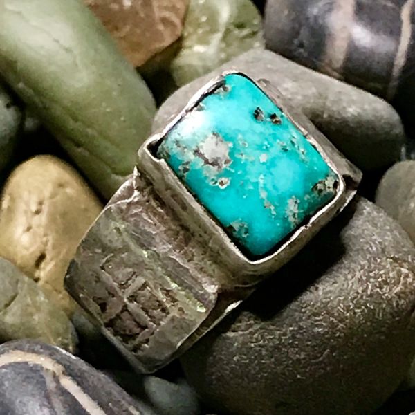 SOLD 1880s INGOT SILVER WHIRLING LOG CIGAR BAND & BRIGHT BLUE TURQUOISE RING