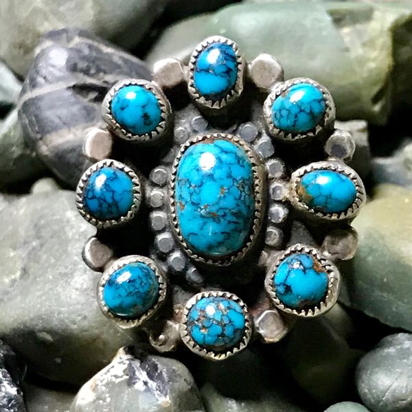 SOLD 1940s ZUNI CLUSTER INGOT SILVER PILOT MOUNTAIN RADIANT BLUE TURQUOISE RING