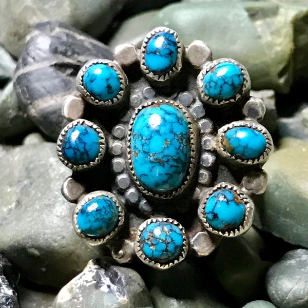 1940s ZUNI CLUSTER INGOT SILVER PILOT MOUNTAIN RADIANT BLUE TURQUOISE RING