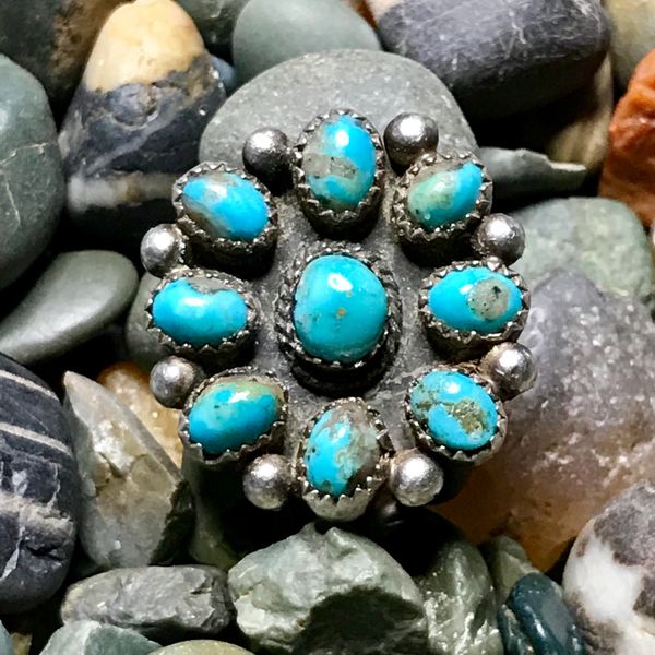 SOLD 1940s HANDCUT BEZELS 9 BLUE TURQUOISE STONES ZUNI INGOT SILVER RING