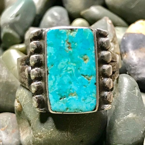 SOLD 1930s FLAT RECTANGLE BLUE TURQUOISE INGOT SILVER RING