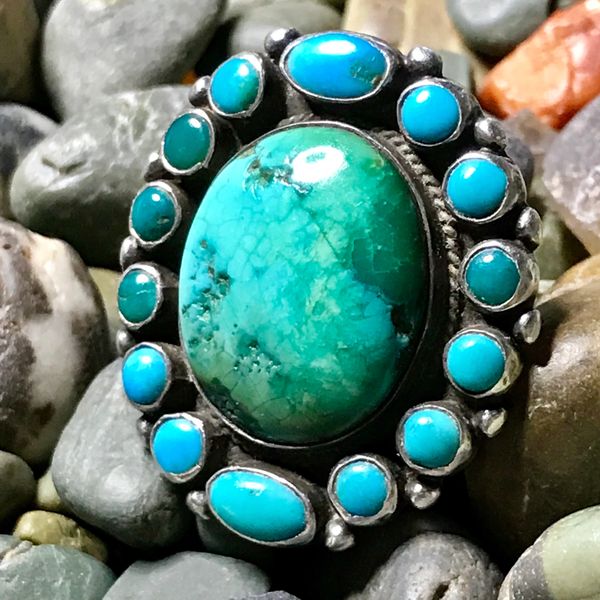 SOLD 1930s 16 BLUE & GREEN TURQUOISE STONE INGOT SILVER HUMONGOUS RING