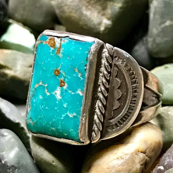 SOLD 1940s STAMPED SIDE SHIELD BLUE GEM RECTANGLE TURQUOISE INGOT SILVER RING