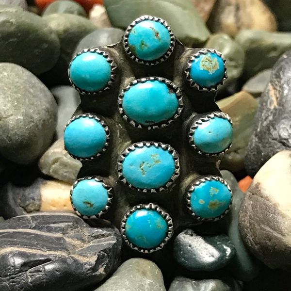 1920s HANDCUT BEZELS LIGHT BLUE 10 TURQUOISE STONE ZUNI INGOT SILVER PINY RING