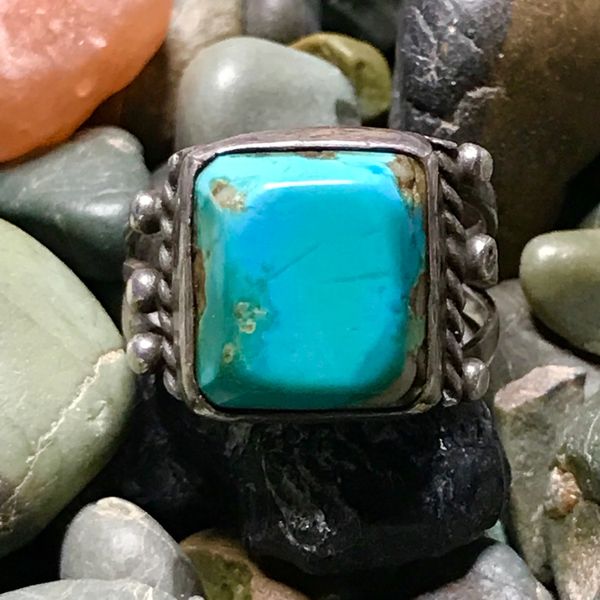 SOLD 1920s TALL BEVELED SQUARE BLUE TURQUOISE INGOT SILVER RING