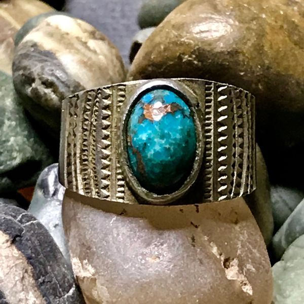 SOLD 1910s PUEBLO THICK INGOT EARLY SAW BLADE STAMPED SILVER CIGAR BAND BLUE TURQUOISE PINKY RING