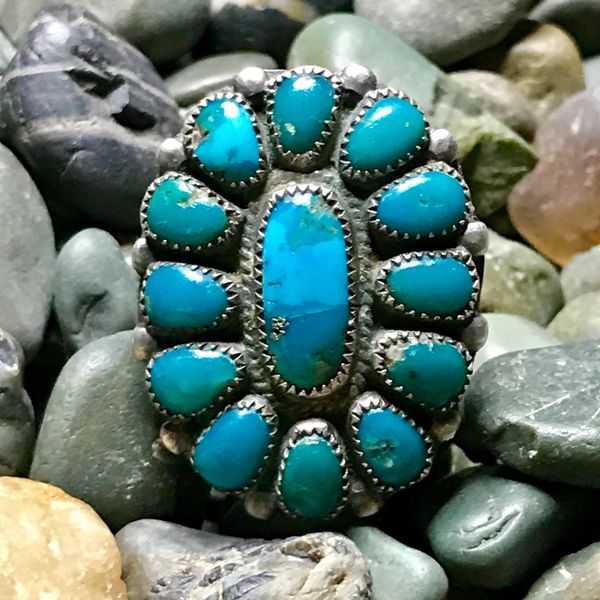 SOLD 1950s CARIBBEAN BLUE GREEN ZUNI TURQUOISE SILVER CLUSTER RING SECOND HALF PAYMENT FOR ONE RING