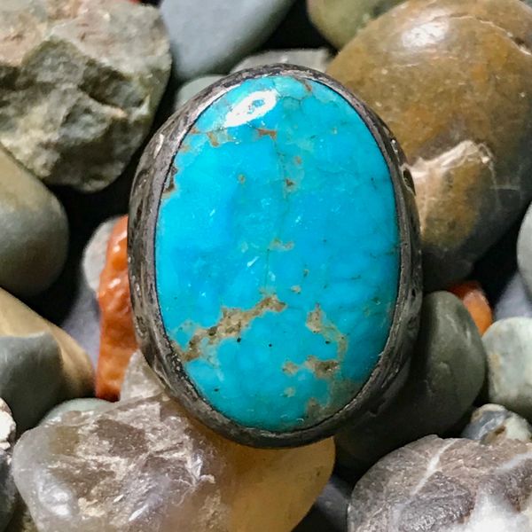 SOLD 1940s BIG OVAL VIVID BLUE TURQUOISE SILVER STAMPED MENS RING