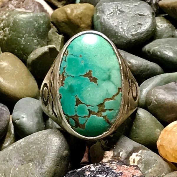 SOLD 1930s OVAL LIGHT GREEN TURQUOISE SANDCAST SILVER SIDE STAMPED MENS RING