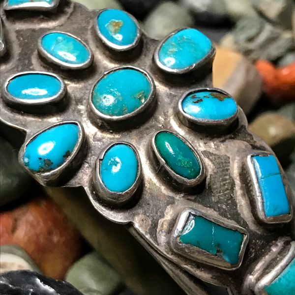 SOLD 1920s BLUE GEM GREEN & BLUE TURQUOISE SILVER INGOT HAND PULLED WIRE CUFF BRACELET