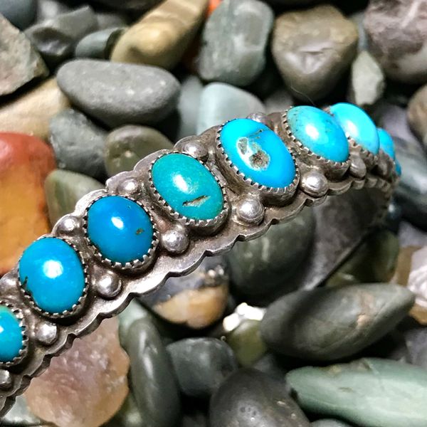 SOLD 1920s INGOT SILVER EARLY FILE STAMPED NEON BLUE DOMED 11 STONE TURQUOISE ROW CUFF BRACELET