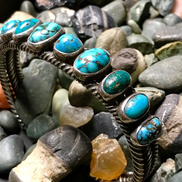 SOLD 1910s DOMED OVAL LONE MOUNTAIN SPIDERWEB TURQUOISE ROW CUFF BRACELET WITH HAND PULLED TWISTED INGOT SILVER WIRE