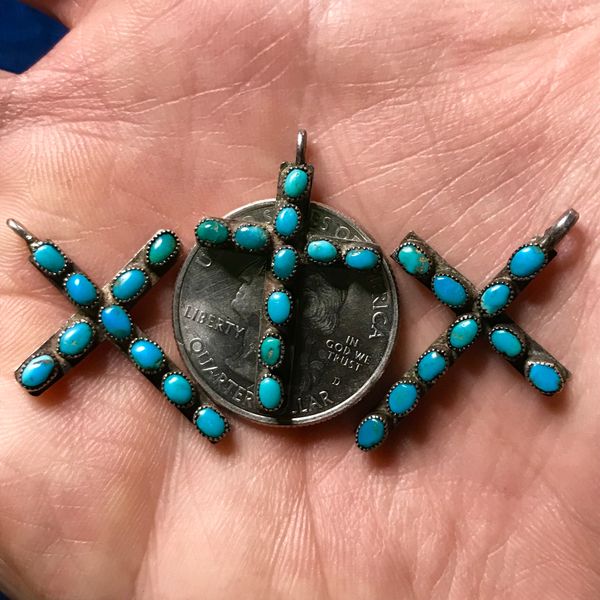 SOLD 1950s MOTHER FATHER CHILD 3 TURQUOISE CROSS NECKLACE PENDANT SET
