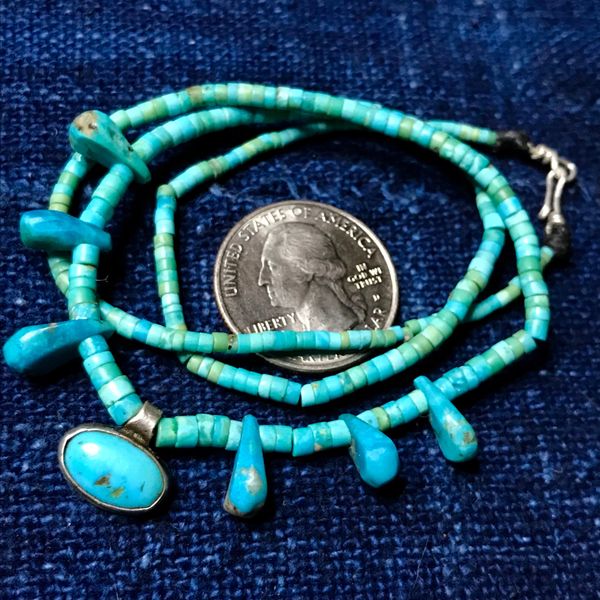 SOLD 1930s ITTY BITTY SILVER TURQUOISE BLUE GREEN TAB HEISHI NECKLACE 18” LONG