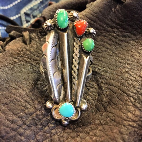 SOLD 1970's CORAL & 3 COLORS of TURQUOISE FEATHER AMERICAN RING