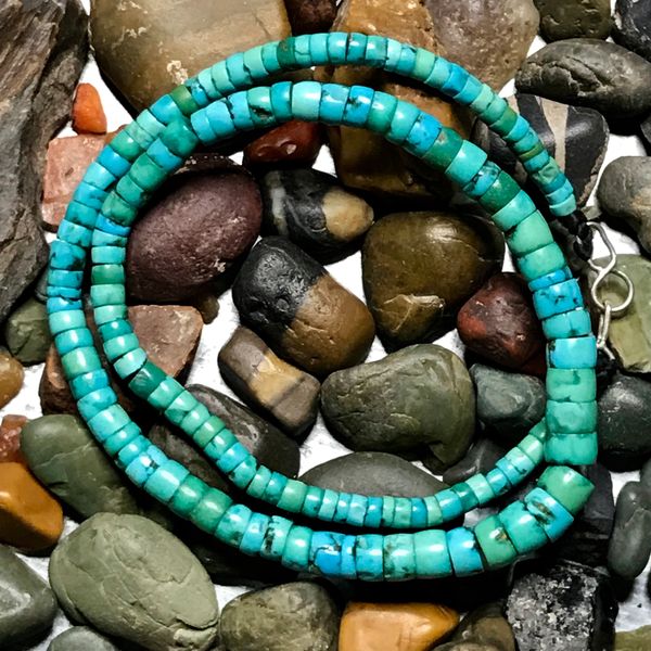 SOLD 1800s LIGHT GREEN & BLUE SMOOTH FROM AGE HUGE HOLED TURQUOISE HEISHI BEAD CHOKER NECKLACE 14” LONG