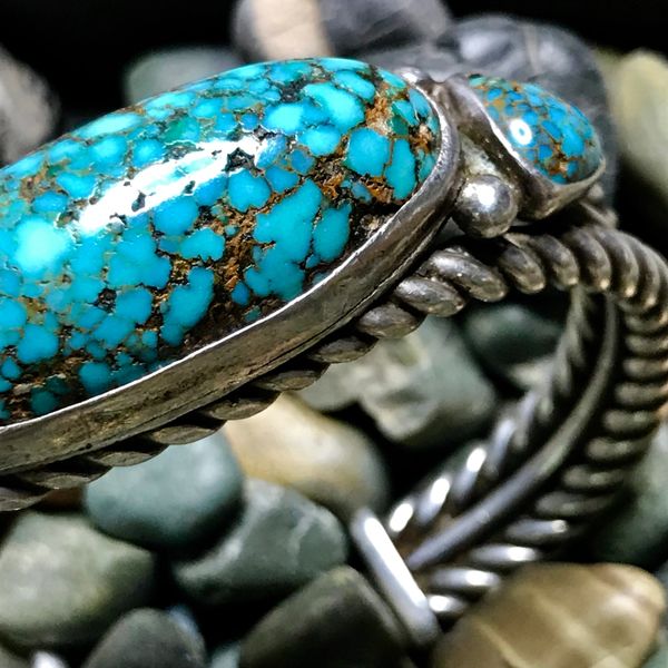 SOLD 1920s HAND PULLED INGOT SILVER TWISTED WIRE & HUGE DOMED PERSIAN OVAL TURQUOISE CUFF BRACELET