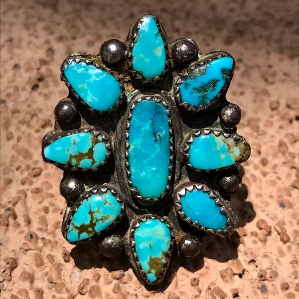 SOLD 1940s ZUNI HANDCUT BEZELS VIVID BLUE TURQUOISE SILVER STAR CLUSTER RING