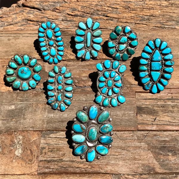 SOLD 1920s - 1950s ZUNI SILVER TURQUOISE CLUSTER RINGS WHOLESALE GROUP