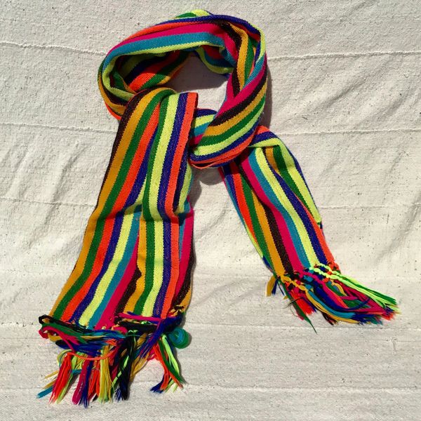 VINTAGE NEON FRINGED STRIPED RAINBOW WIDE SYNTHETIC MATERIAL WOVEN SCARF OR TABLE RUNNER