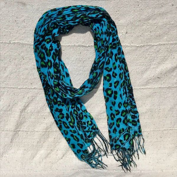SOLD 1990s PAULY SHORE STEVEN TYLER STYLE NEON TURQUOISE BLUE & GREEN LEOPARD CHEETAH PRINT COTTON GAUZE FRINGED SCARF