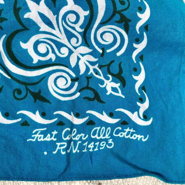 SOLD 1970s DARK TURQUOISE VINTAGE FLEUR DE LIS COTTON FAST COLOR BANDANNA